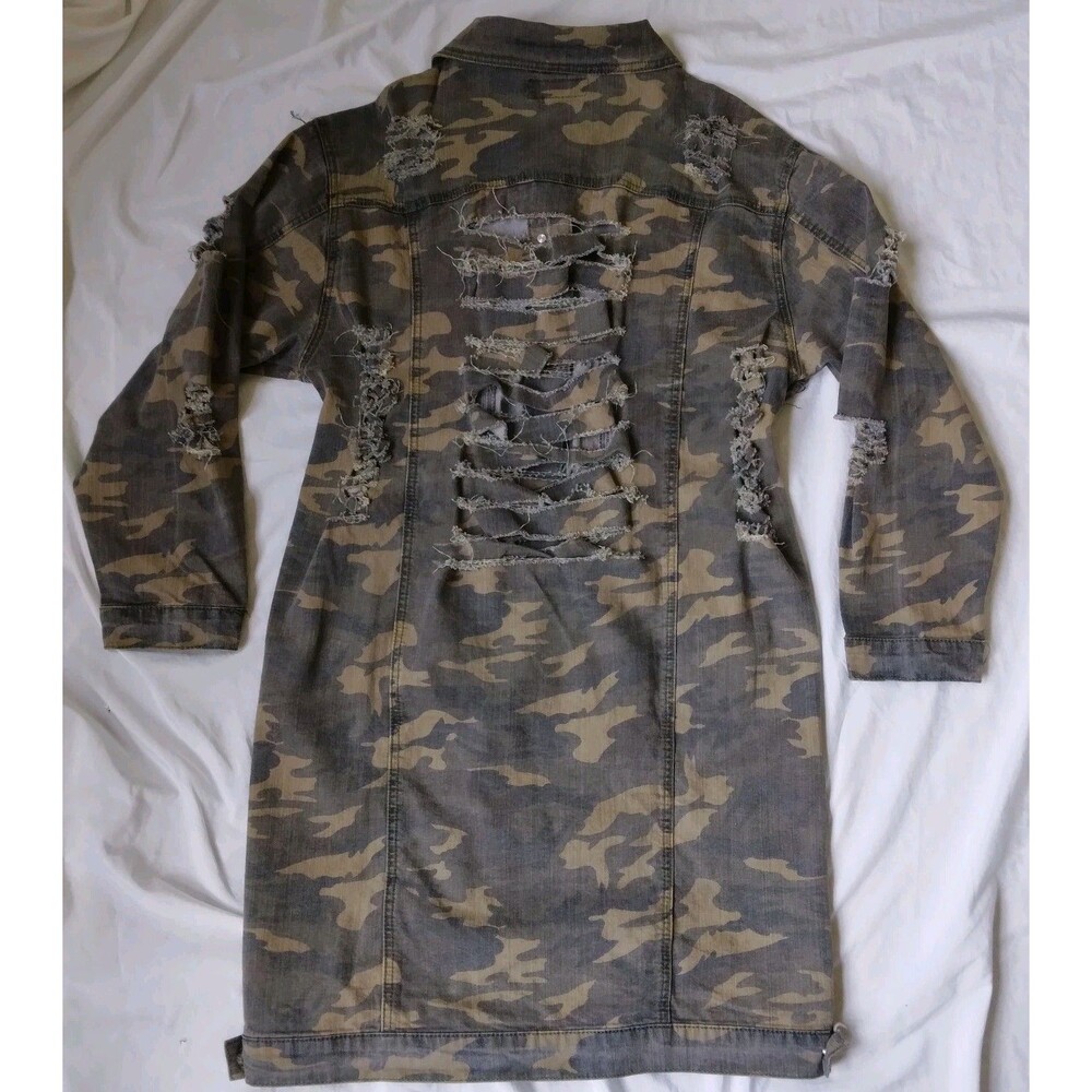 Thrill Jeans Denim Jacket Green Camo Distressed Frayed Grunge Womens Large - Picture 8 of 11